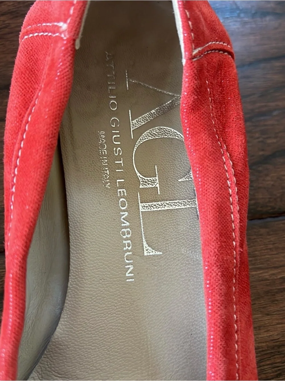 AGL Red Suede Flats with Navy Patent Cap-Toe and Silver Accent.